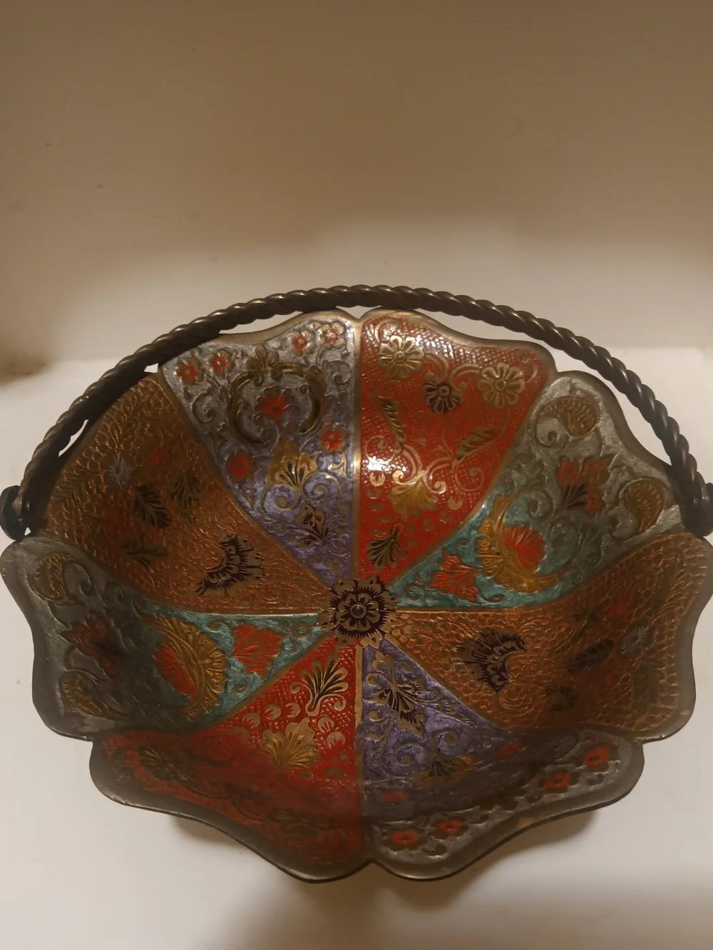 Vintage Brass Cloisonne Pedestal Basket Bowl